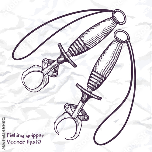 Helpful fishing tool: the fish gripper. Sketch style outline vector illustration on crumpled paper background.