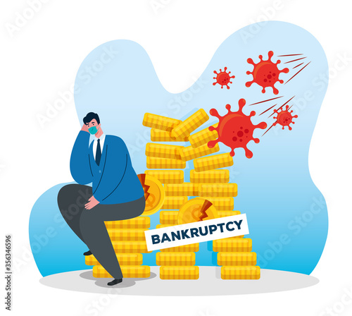 businessman with mask and coins tower design of bankruptcy and covid 19 virus theme Vector illustration