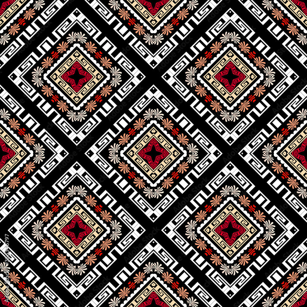 Waffle ethnic style greek vector seamless pattern. Ornamental tribal geometric background. Abstract geometrical shapes, rhombus, flowers, frames. Greek key meander ornament. Elegant symmetric design