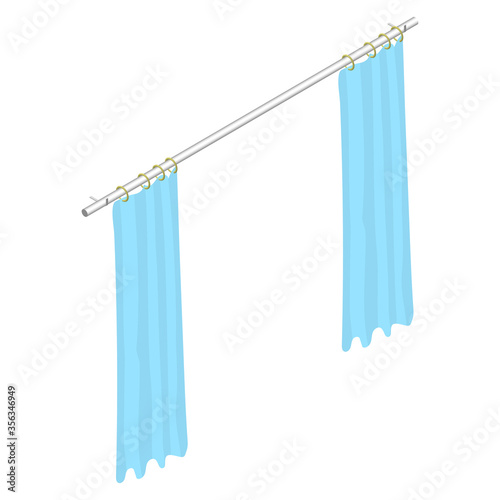 Isometric curtains with rings on the cornice. Light blue curtains. Room interior element. Vector EPS10.