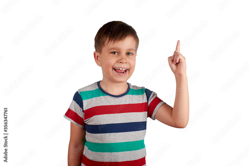 Cute kid pointing with his finger on something, isolated on white background Cute kid pointing with his finger on something, isolated on white background