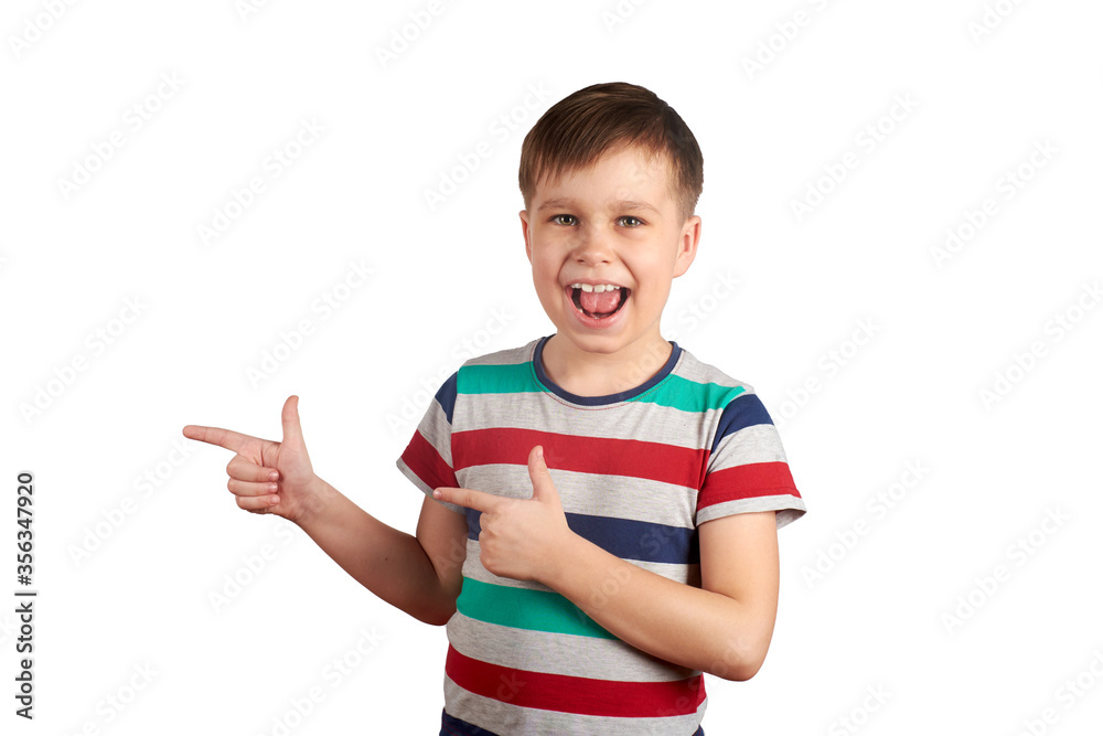 Cute kid pointing with his finger on something, isolated on white background Cute kid pointing with his finger on something, isolated on white background
