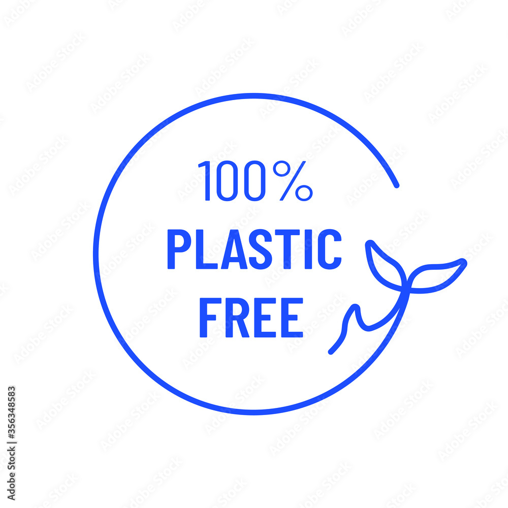 Vector icon and logo design template - 100 % plastic free emblem for packaging organic and eco-friendly products. Round sticker, stamp in simple linear style Vector icon and logo design template - 100 % plastic free emblem for packaging organic and eco-friendly products. Round sticker, stamp in simple linear style