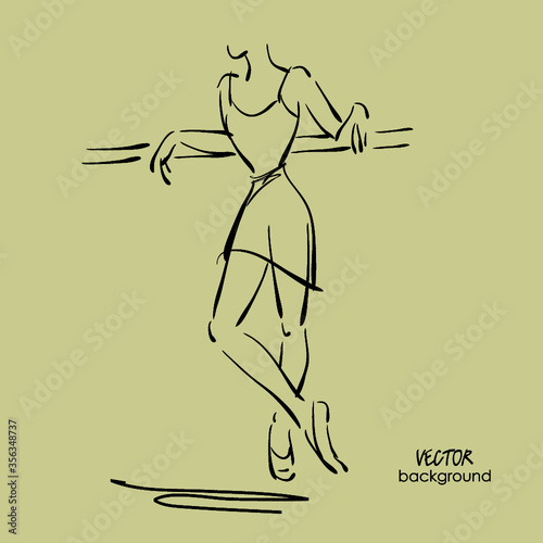 art sketch of beautiful young ballerina in class at ballet barre