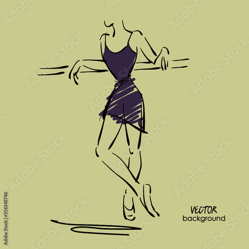art sketch of beautiful young ballerina in class at ballet barre