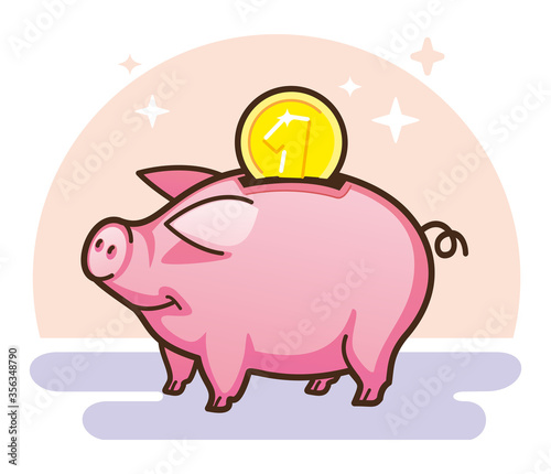 Pink piggy bank with golden coin. Vector illustration
