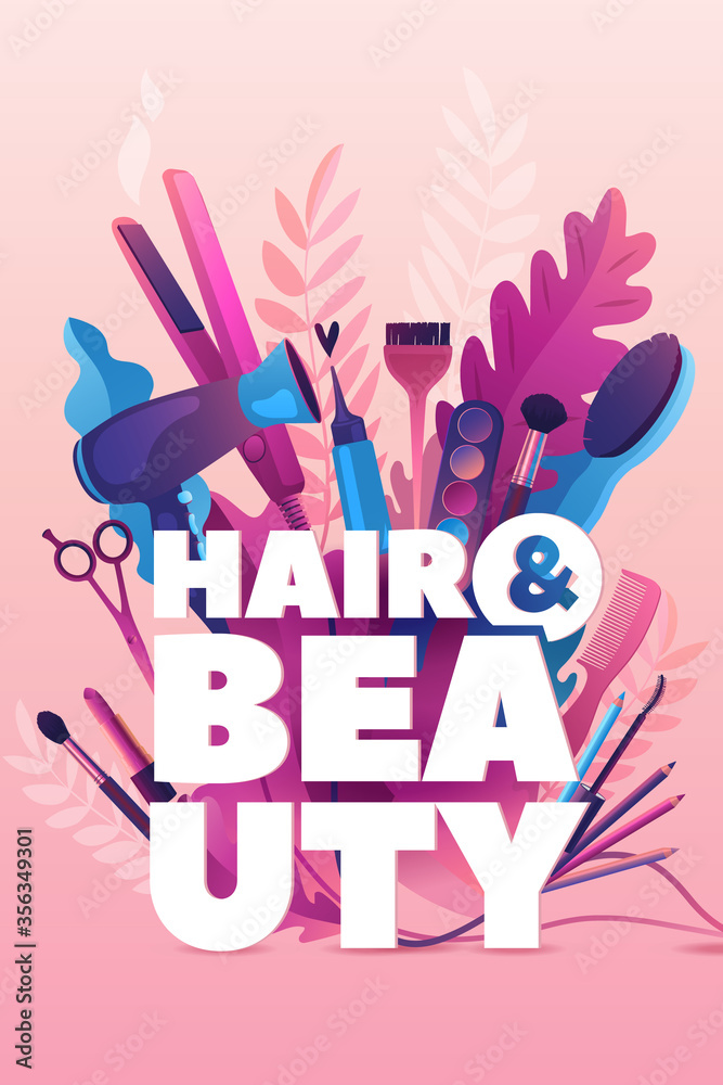 Hair and Beauty Salon. Colorful Hairdresser and Makeup decorative  illustration with haircut accessories and Make-up equipment with big white  letters. Realistic Poster. Vector Illustration Pink Colors Stock Vector |  Adobe Stock