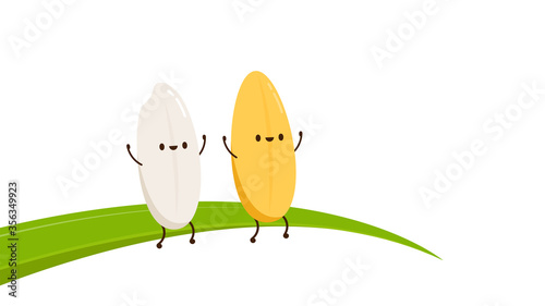 Rice character design. rice vector on white background. rice seed. rice on the leaf.