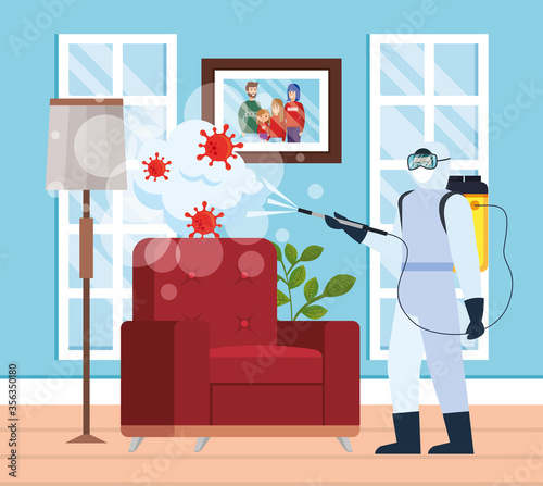 Man with protective suit spraying home room with covid 19 virus design, Disinfects clean and antibacterial theme Vector illustration