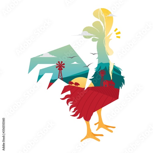 double exposure of rooster and farm