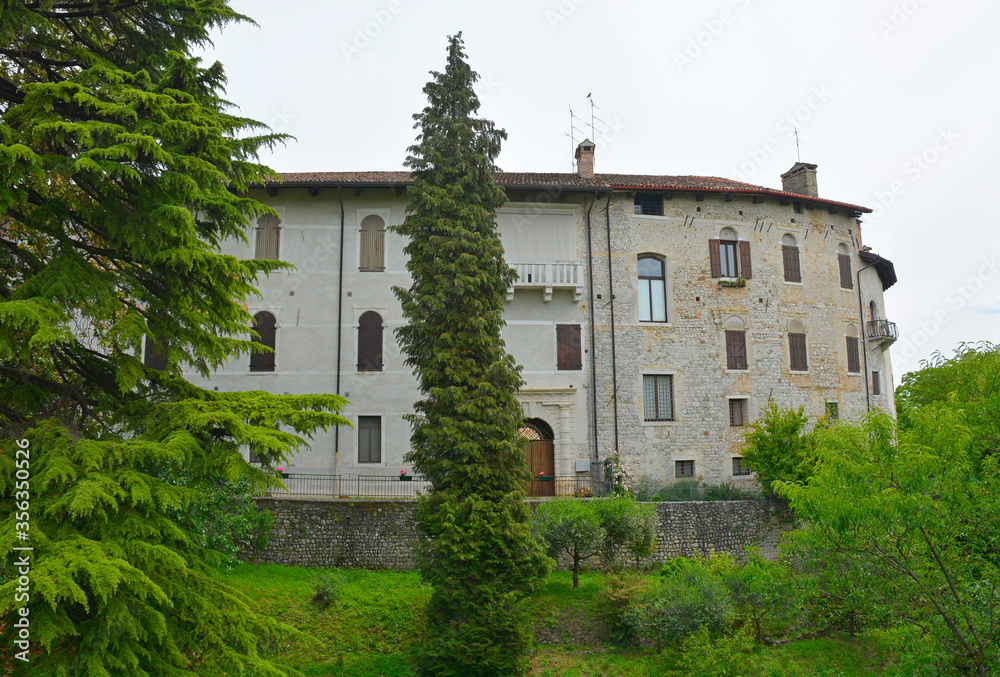 The historic Spilimbergo castle in the province of Udine, Friuli, north west Italy. Destroyed, reconstructed and expanded many times, it is now primarily residential with a large central courtyard