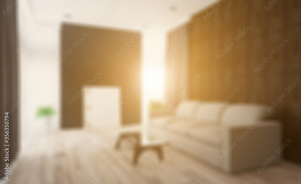 Unfocused, Blur phototography. living room. white leather sofa. big windows. walls made of wood panels.. 3D rendering
