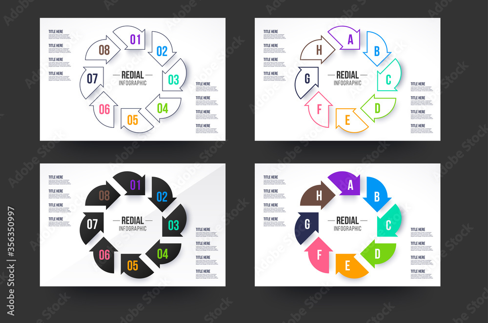 Circle infographics collection. 8 steps infographic circle with 4 style colors.
