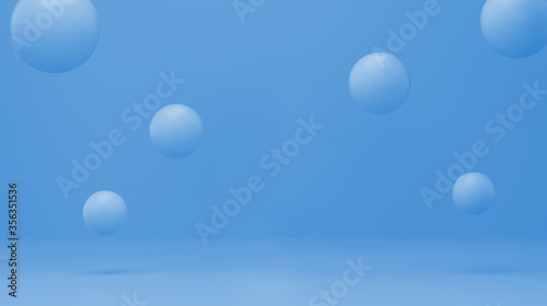 Particles floating in blue studio. empty space for text or product. cosmetic, food and health concept. 3D rendering.