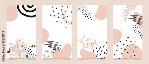 Social media stories and post creative vector set. Abstract shapes background template with floral and copy space for text and images. Vector illustration.