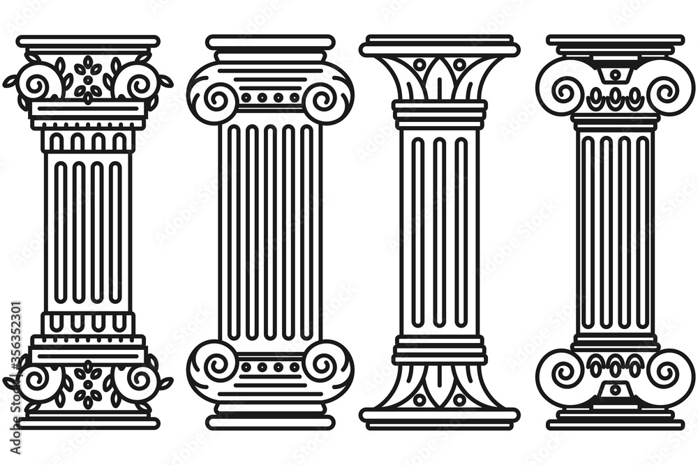 Pillar column vector line icons set isolated on a white background.