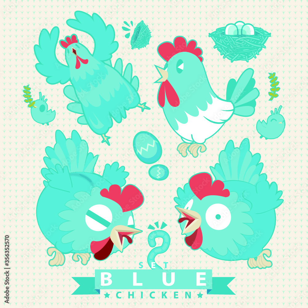 Obraz premium Blue chicken Character design set. easter egg day.