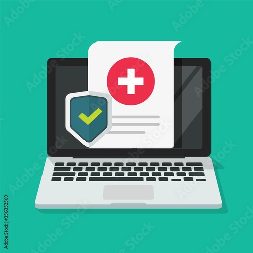 Medical health care insurance form protection online on laptop computer or pc digital internet medicare healthcare document risk claim coverage vector flat, web pharmacy life allowance policy