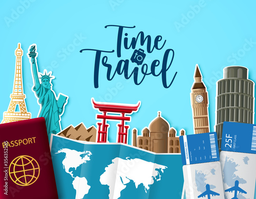 Time to travel vector background design. Time to travel text in blue empty space with trip and tour travelling and paper cut building landmark destination for vacation world adventure.