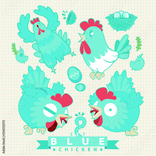 Blue chicken Character design set. easter egg day.