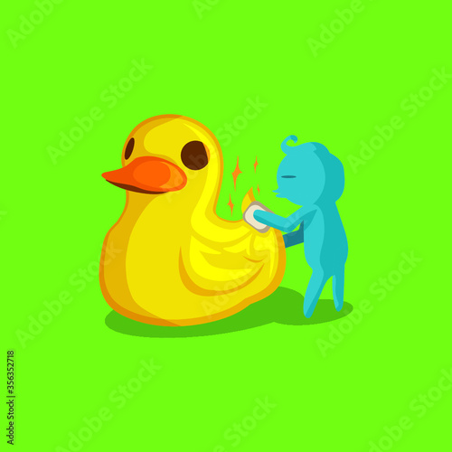 Cleaning yellow duck. Blue man and yellow duck.
