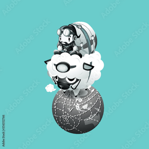 The traveler and a sheep, travel go to around the world. Cartoon illustration.
