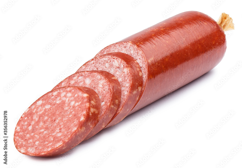 Close-up of delicious sliced smoked sausage, isolated on white background Close-up of delicious sliced smoked sausage, isolated on white background
