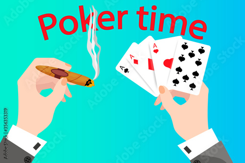 Poker time.Gambling win and risk .Playing cards, cigars, and cigar smoke.Color of the game room.Flat vector illustration.