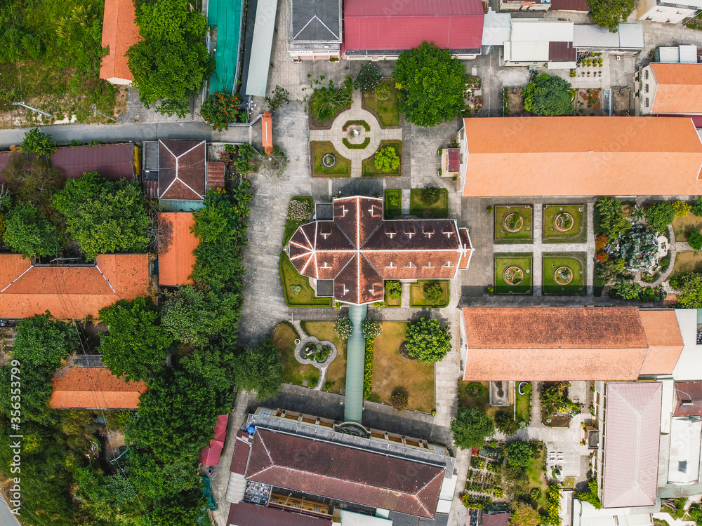 Top view aerial photo from flying drone of Thu Thiem Church in Thu Thiem Peninsula,Ho Chi Minh City, Vietnam