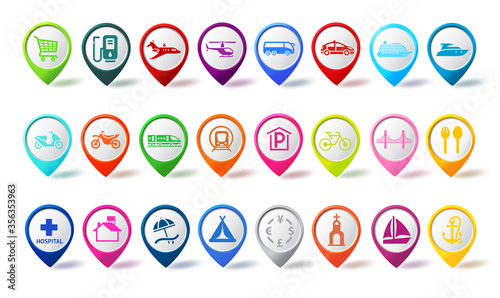 Travel pin icon vector set. Colorful travel map icons navigation pins with different sign for marker and sign destination elements isolated in white. Vector illustration.