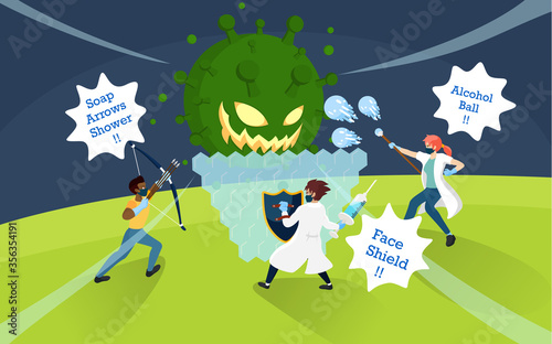 Fight with covid-19 corona virus concept. Doctor team or medical health care professionals fighting with coronavirus pandemic. Illustration in a flat style as role playing game.