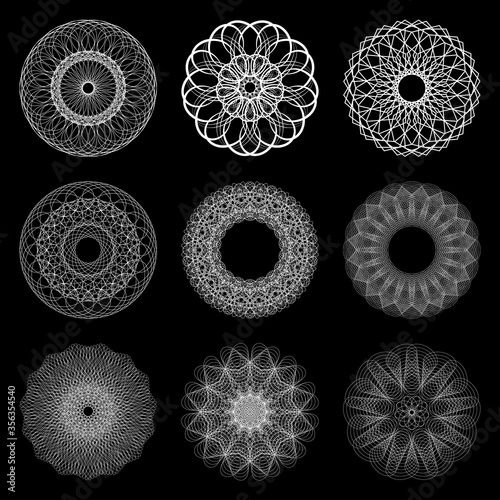 String art. Sacred geometry. Spirograph and black background. Vector elements set.