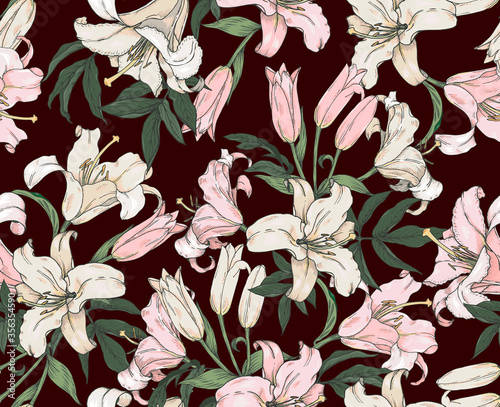 White and pink Lily flowers, seamless vector illustration