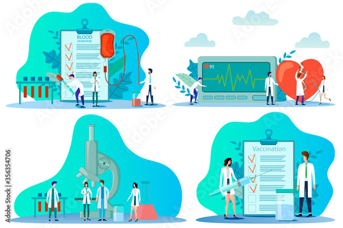 Blood donation.Prevention of heart attacks.Vaccine development.Vaccination.A set of illustrations for the design.Flat vector illustration.
