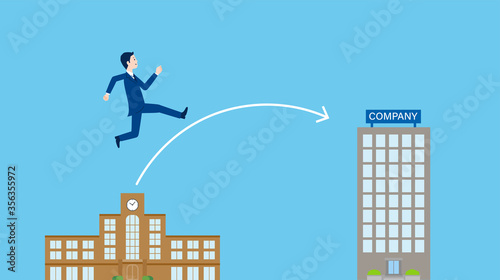 大学から会社へジャンプする男性、就職のイラストイメージ