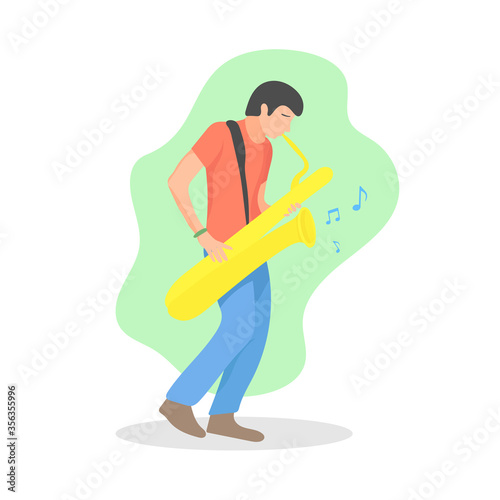 Standing man holding and playing golden saxophone. Jazz music instrument concept. Solo saxophonist. Male street musician. Live performance - Simple flat design vector character illustration.