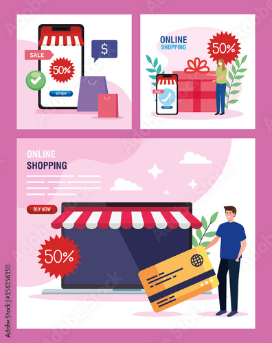 Fototapeta Naklejka Na Ścianę i Meble -  man and woman with laptop smartphone and icon set design of Shopping online ecommerce market retail and buy theme Vector illustration