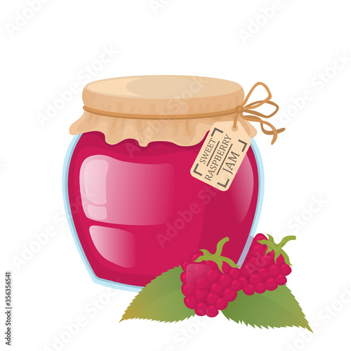 Glass jar with raspberry jam. Bright vector illustration of raspberry jam. 