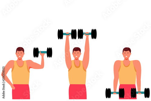 
Set of cartoon men who are engaged with dumbbells. Home fitness with equipment on a white background. Flat vector illustration of bodybuilding, workout.