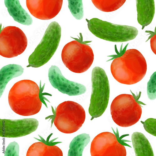 Seamless design with bright digital watercolor tomatoes and cucumbers on a white background