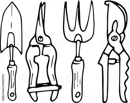 A set of four items of garden equipment. Everything for gardening. Drawing doodling. Manual of linear drawing. Vector graphics