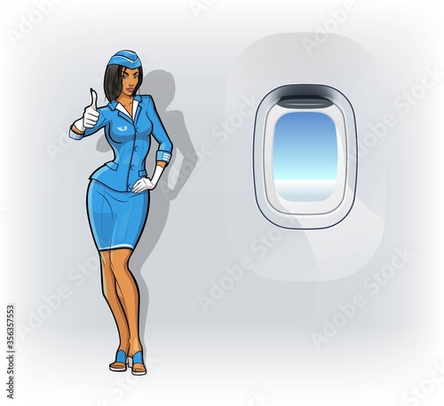 Flat cartoon young woman stewardess on airplane porthole background. Flat cartoon slim girl hostess aircraft concept empty airplane illuminator banner. Business Flight attendant flat illustration
