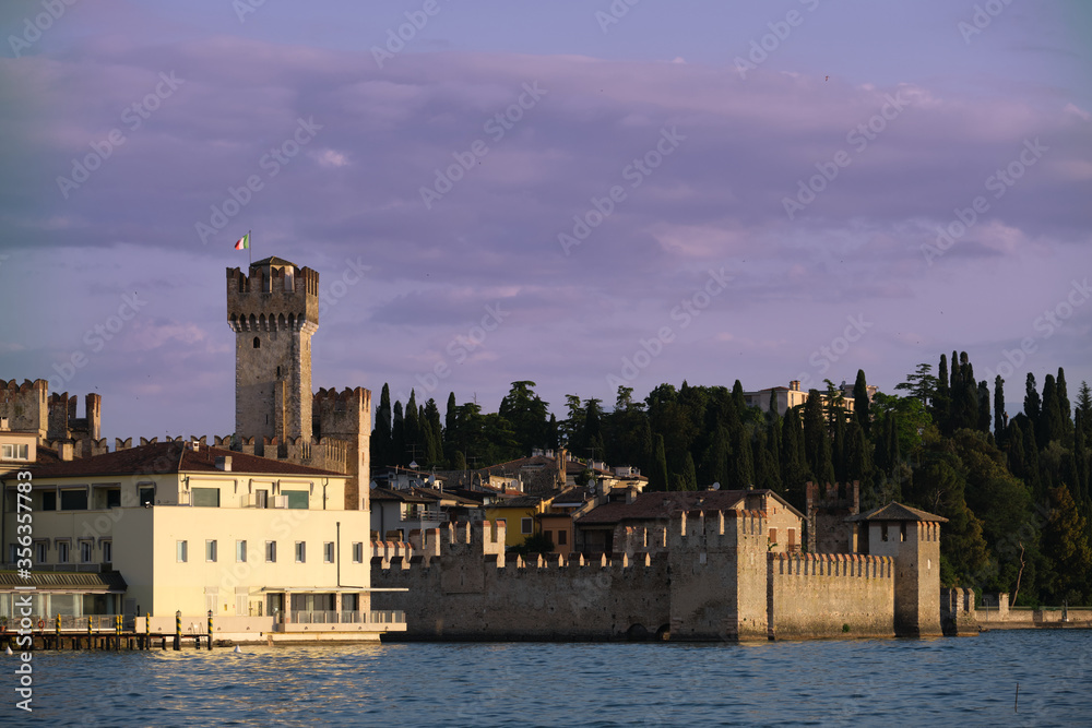 Sirmione Castle, Lake Garda Italy. Early morning historic city.