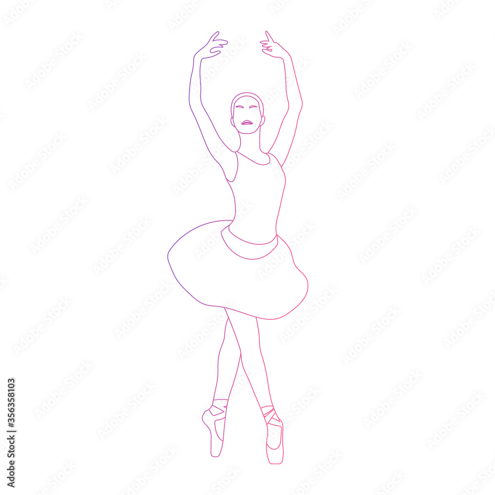 Beautiful slim ballet dancer or ballerina posing icon. Dancing woman or girl or lady. Theater dance performer on stage. Stage performance. Feminine style. Women's day - Vector line art illustration.