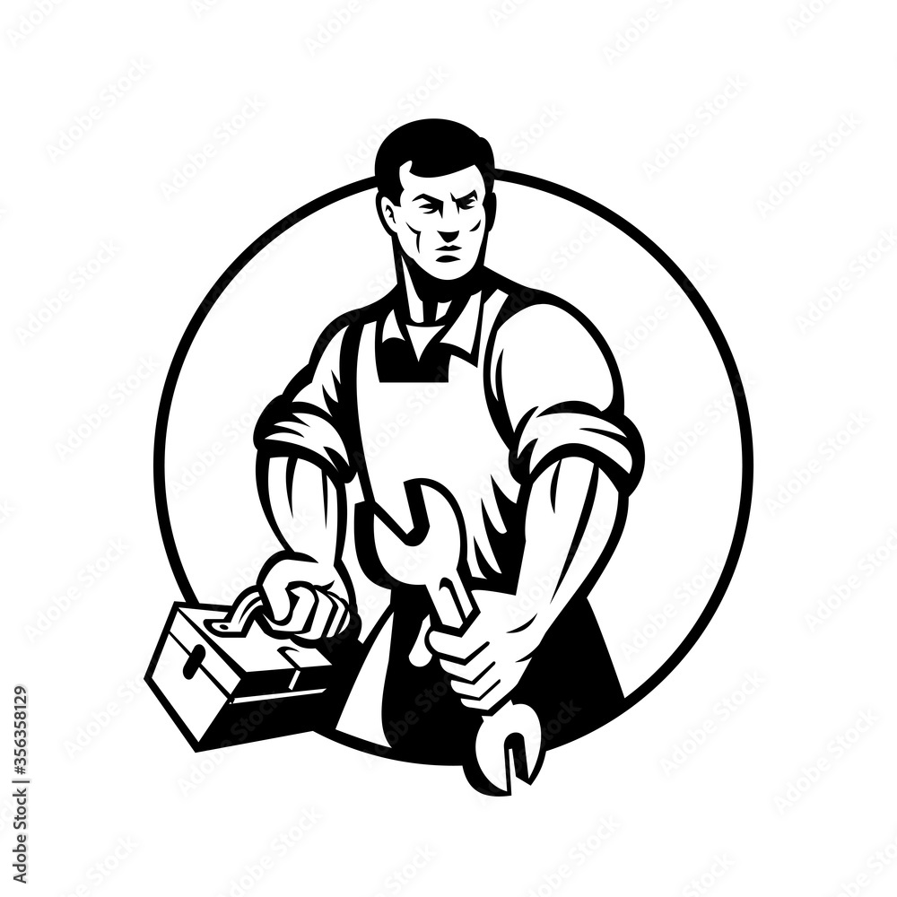 Automotive Mechanic Holding Spanner and Toolbox Circle Retro Black and White Automotive Mechanic Holding Spanner and Toolbox Circle Retro Black and White