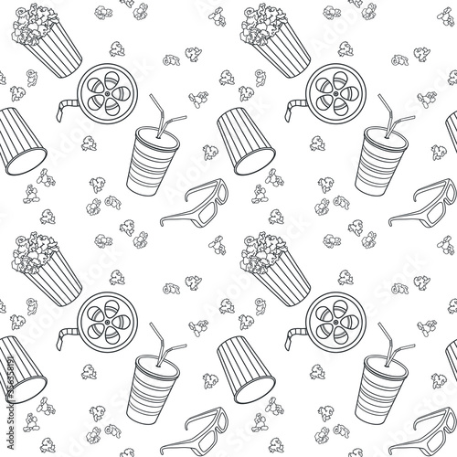 Movie objects seamless pattern. Popcorn, movie theater glasses, a reel of film, carbonated drink. Cinema theme doodle contour. A vector outline illustration isolated on a white background. 