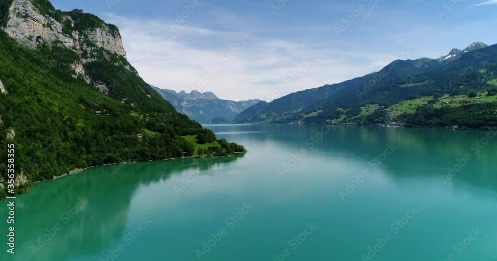 Drone shot of Walensee in the Swiss Alps with an awesome scenery. Drone shot of Walensee in the Swiss Alps with an awesome scenery.
