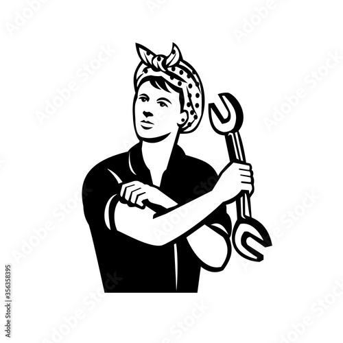 Female Automotive Mechanic With Wrench Flexing Muscle Retro Black and White