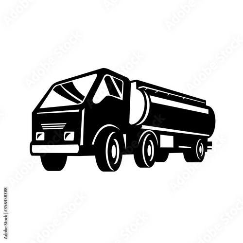 Tank Truck Fuel Truck Tanker or Tanker Truck Low Angle Retro Black and White