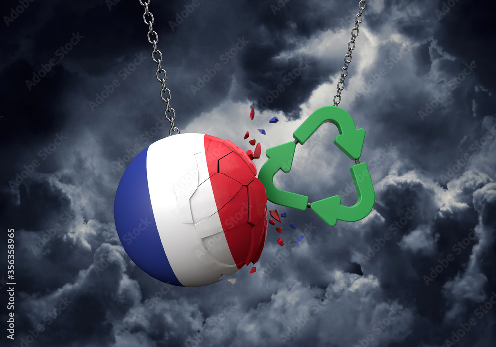 Obraz premium Green recycle symbol crashing into a France flag ball. 3D Rendering